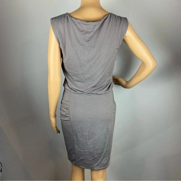 Athleta Womens XS Taupe Striped Tulip Dress Sleeveless Fitted Rouched - Picture 2 of 7
